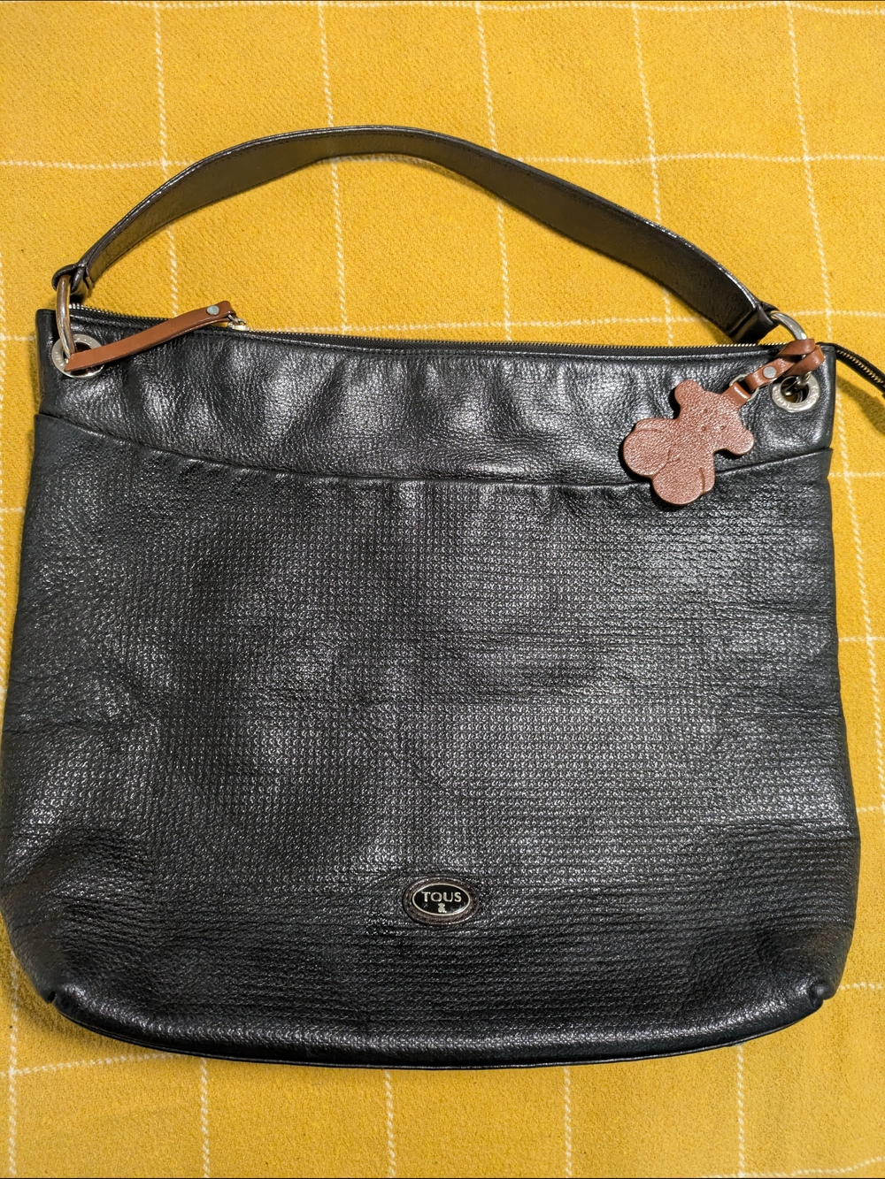 Tous Black Leather Shoulder Bag with Brown Bear Charm & Dark Brown Strap